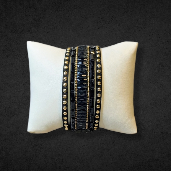 A3 Black Gold Rhinestone Crystal Wrap Cuff Bracelet Sz M-L Adjustable NEW A3 - Picture 9 of 11